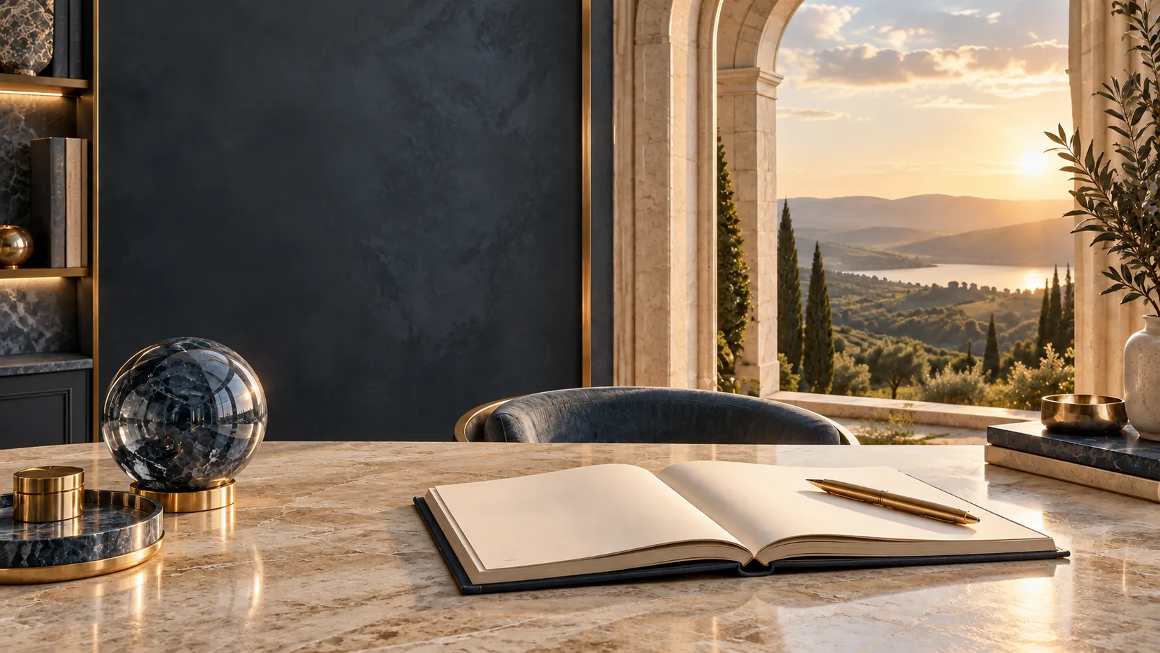A peaceful study with an open journal and a sunlit landscape