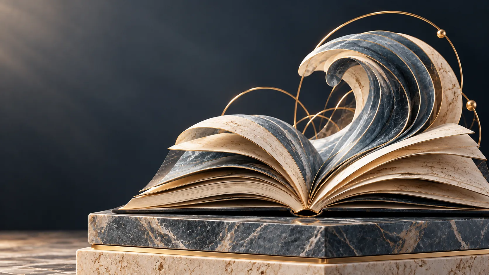 An open sculptural book with flowing slate and cream pages