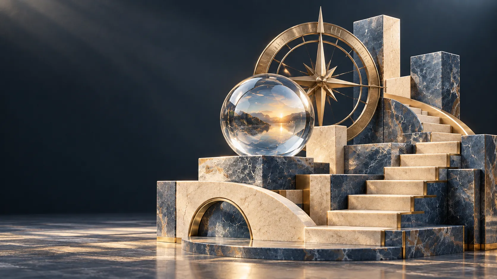Slate and ivory stone steps, a brass compass and a glass sphere