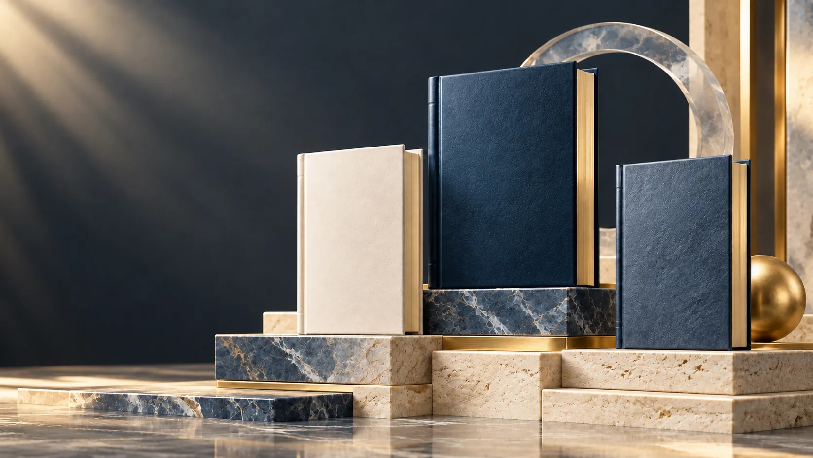 Three elegant slate and ivory books on stone plinths