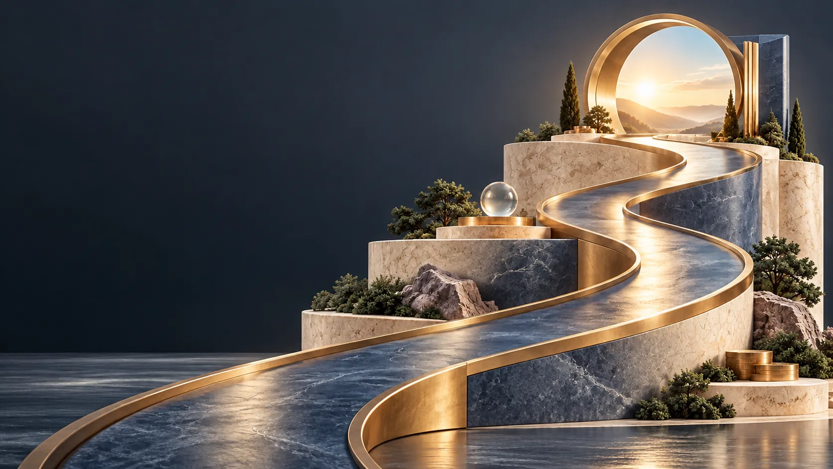 Sculptural slate and ivory pathway rising toward a sunlit open portal